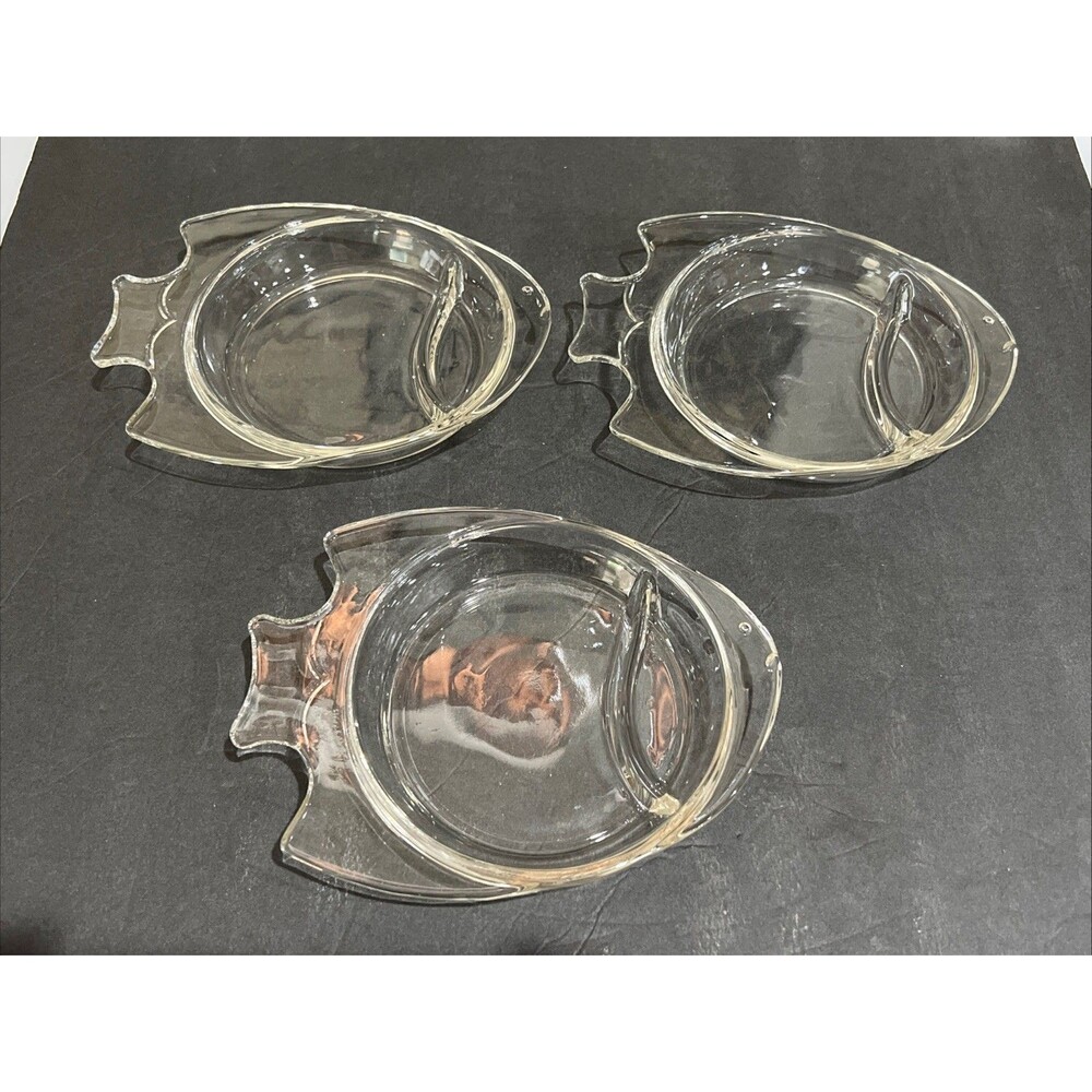 Fish Shaped Plates Set of 3 Vintage Clear Glass Appetizer Sushi Divided Dishes